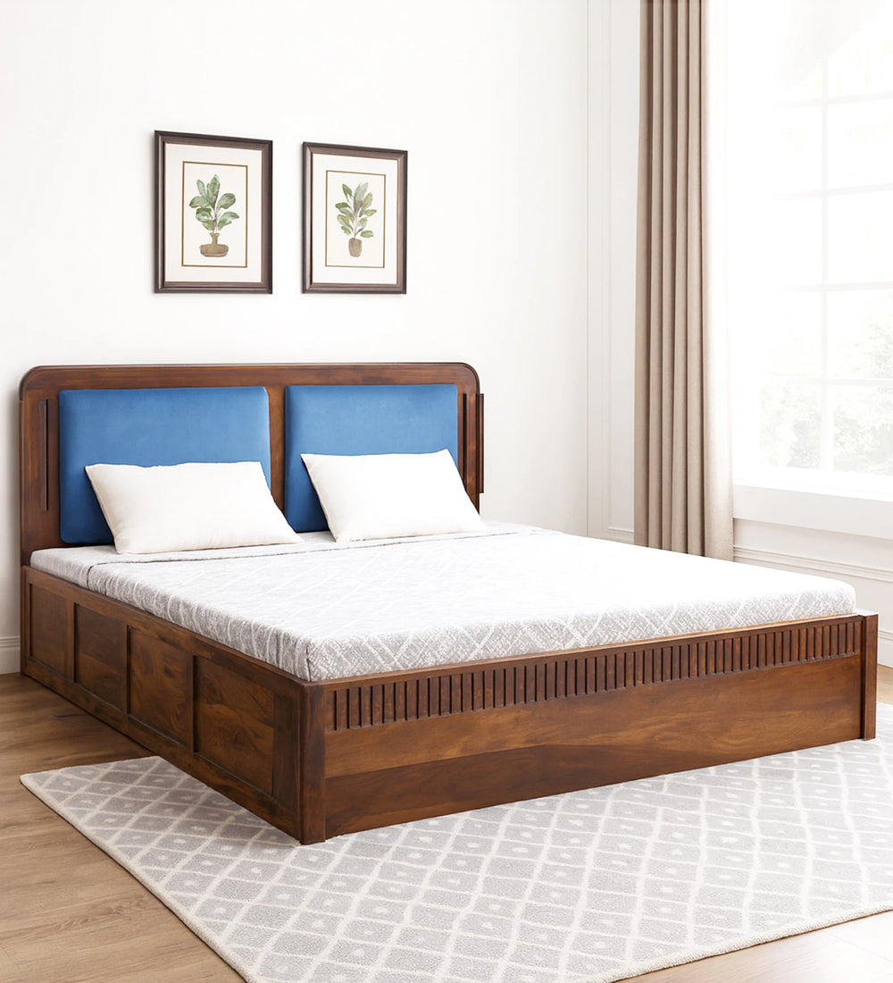 Lotus Sheesham Wood Queen Size Bed In Provincial Teak Finish With Box Storage (60 x 78 inches)
