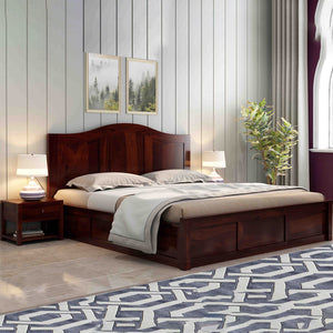 Sniu Sheesham Wood Queen Size Bed In Walnut Finish With Box Storage (60 x 78 inches)