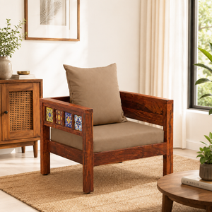 Rangrez Sheesham Wood 1 Seater Sofa In Honey Oak Finish with Beige Cushioned Chair