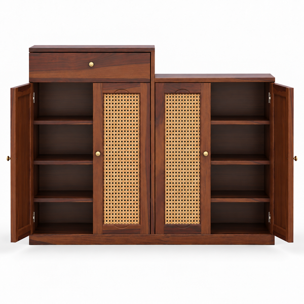 Danta Sheesham Wood  4 Door 1 Drawer Cabinet In Provincial Teak Finish  with Rattan Door