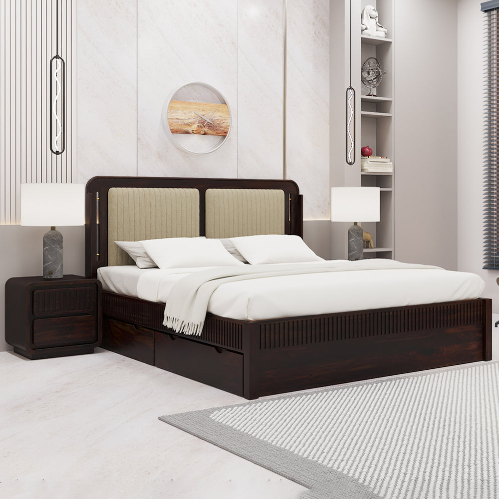 Lotus Sheesham Wood King Size Bed In Walnut FinishWith Drawer Storage (72 x 78 inches)