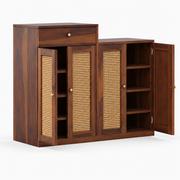 Danta Sheesham Wood  4 Door 1 Drawer Cabinet In Provincial Teak Finish  with Rattan Door