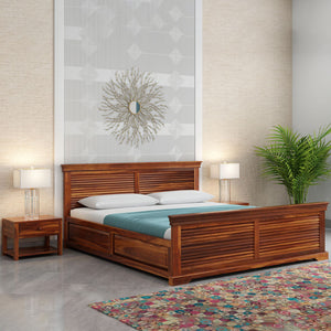 Hearti Sheesham Wood Queen Size Bed In Teak Finish With Box Storage (60 x 78 inches)