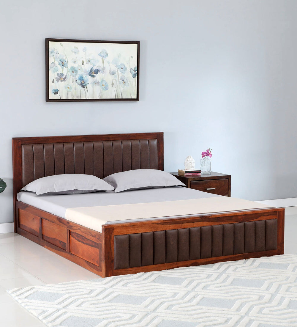Dijon Sheesham Wood Queen Size Bed in Honey Oak Finish With Box Storage