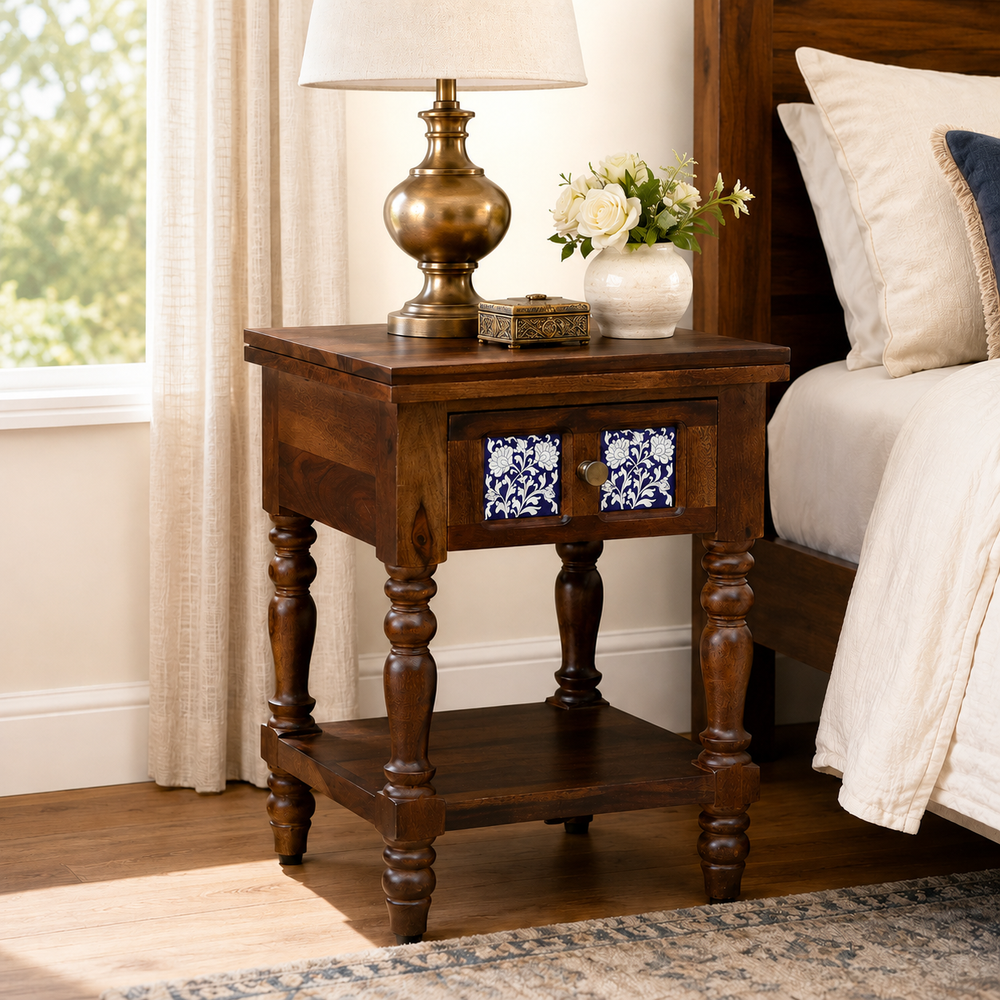 Nilaya Sheesham Wood Bedside Table In Provincial Teak Finish With Drawer