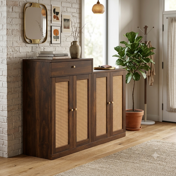 Danta Sheesham Wood 4 Door Cabinet In Walnut Finish  with Rattan Door