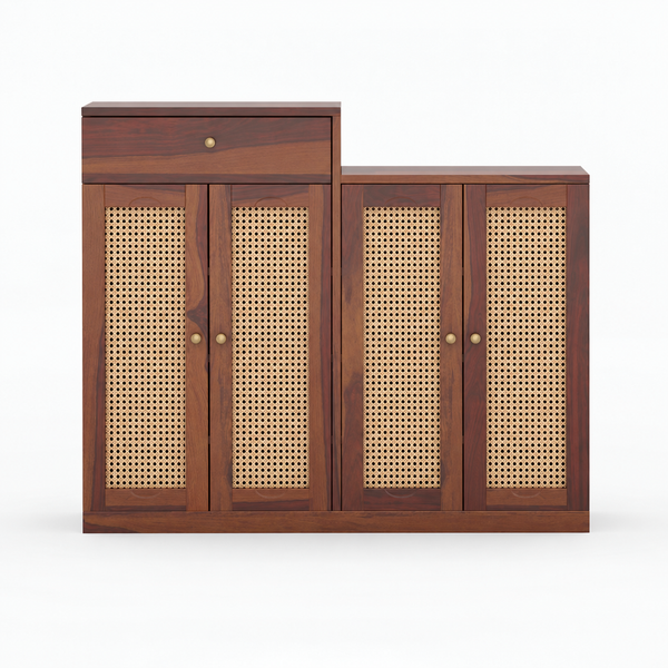 Danta Sheesham Wood  4 Door 1 Drawer Cabinet In Provincial Teak Finish  with Rattan Door