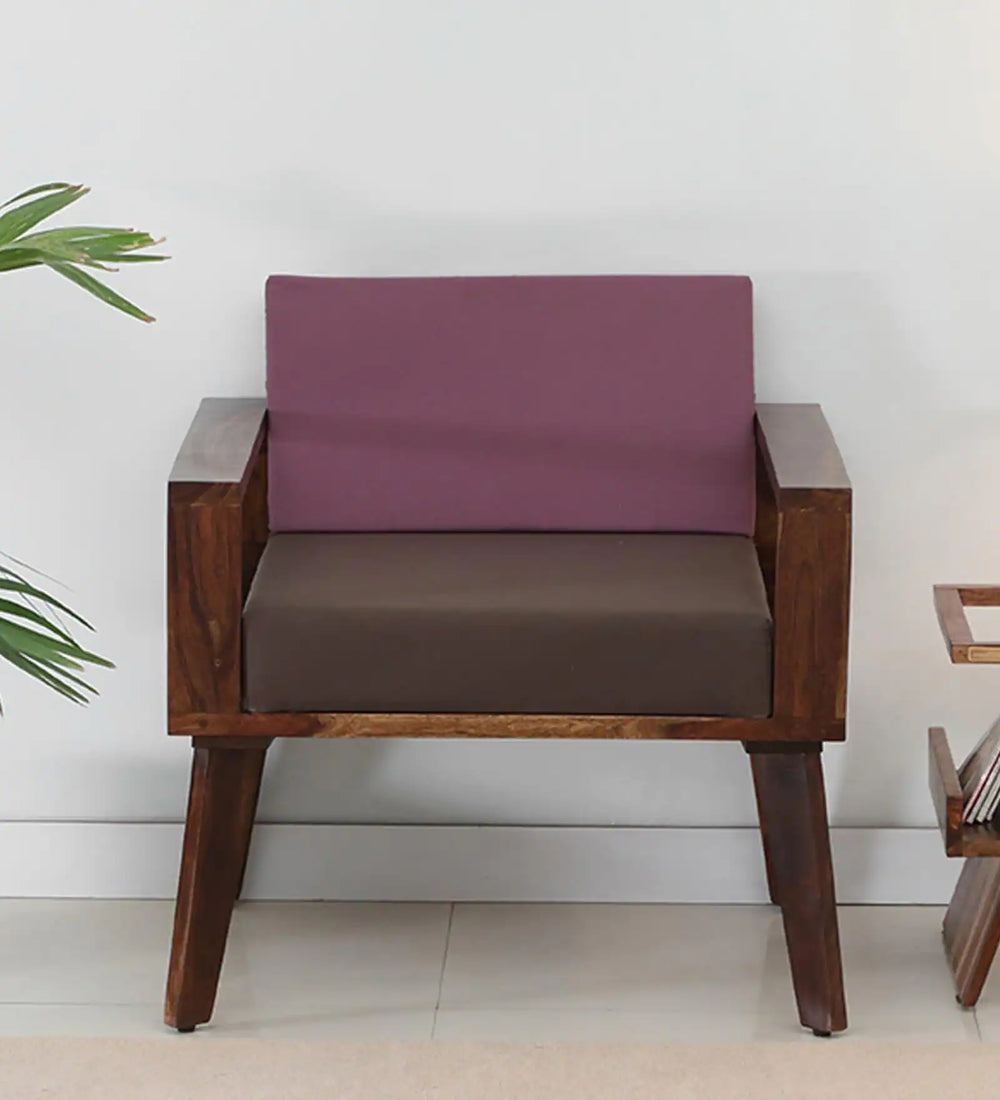 Lifty Sheesham Wood 1 Seater Sofa In Provincial Teak Finish & Fuschia Back