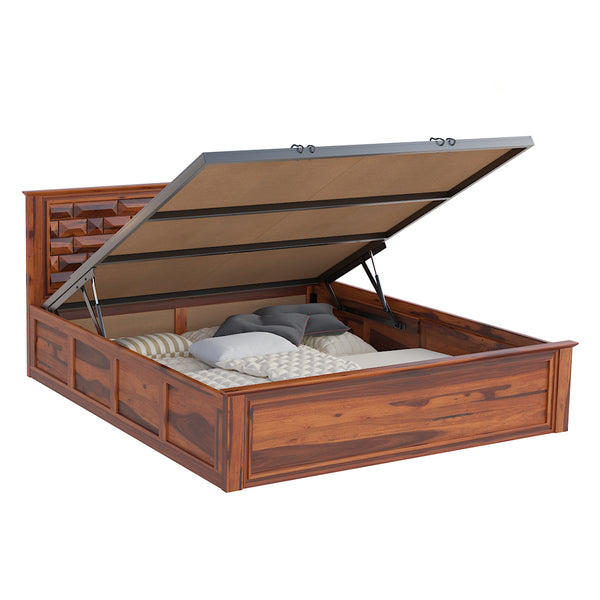 Yashika Sheesham Wood Queen Size Bed In Honey Oak Finish With Hydraulic Storage (60 x 78 inches)