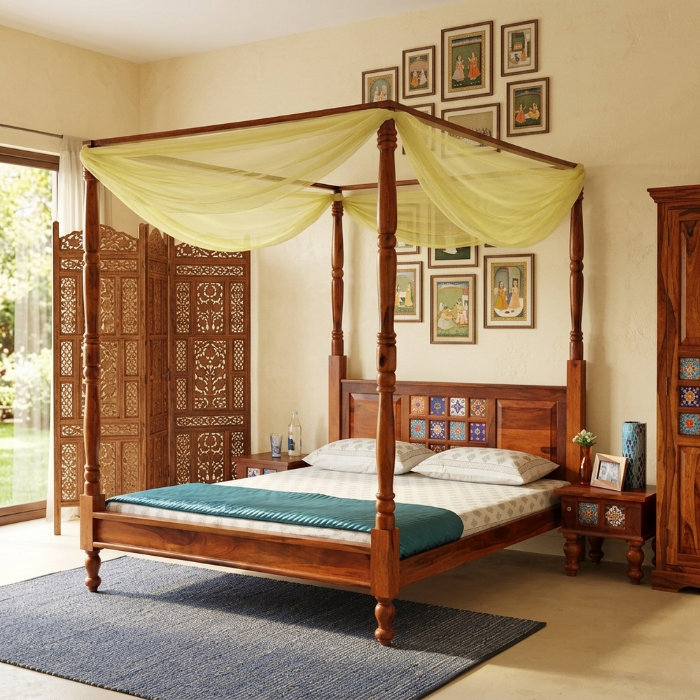 Rangrez Sheesham Wood Queen Size Poster Bed in Honey Oak Finish (60 - 78 inch Mattress Size)