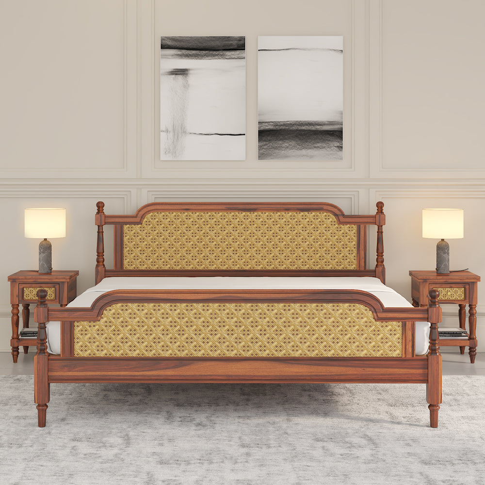 Malacca Solid Wood Queen Size Non - Storage Bed In Honey Oak Finish (72 - 78 inch)