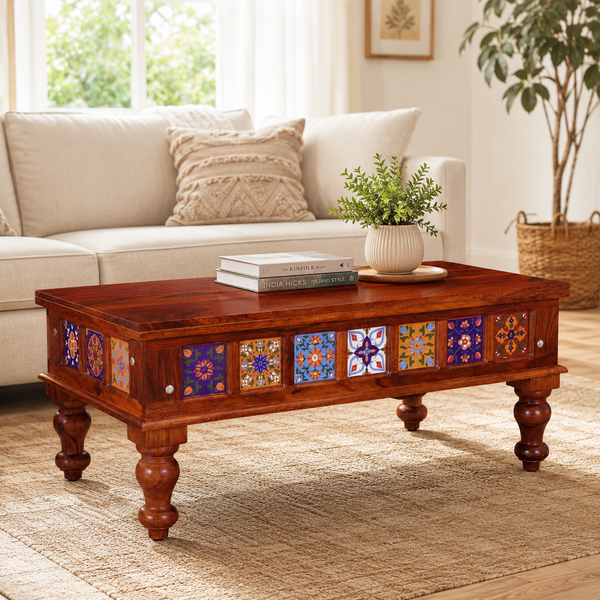 Rangrez Sheesham Wood Large Coffee Table In Honey Oak Finish