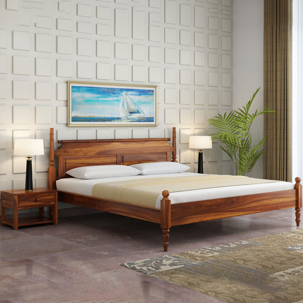 Bala Sheesham Wood King Size Bed In Teak Finish Without Storage (72 x 78 inches)