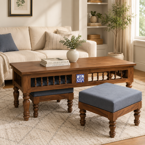 Nilaya Sheesham Wood Nesting Coffee Table Set in Provincial Teak Finish With Cushioned Stools