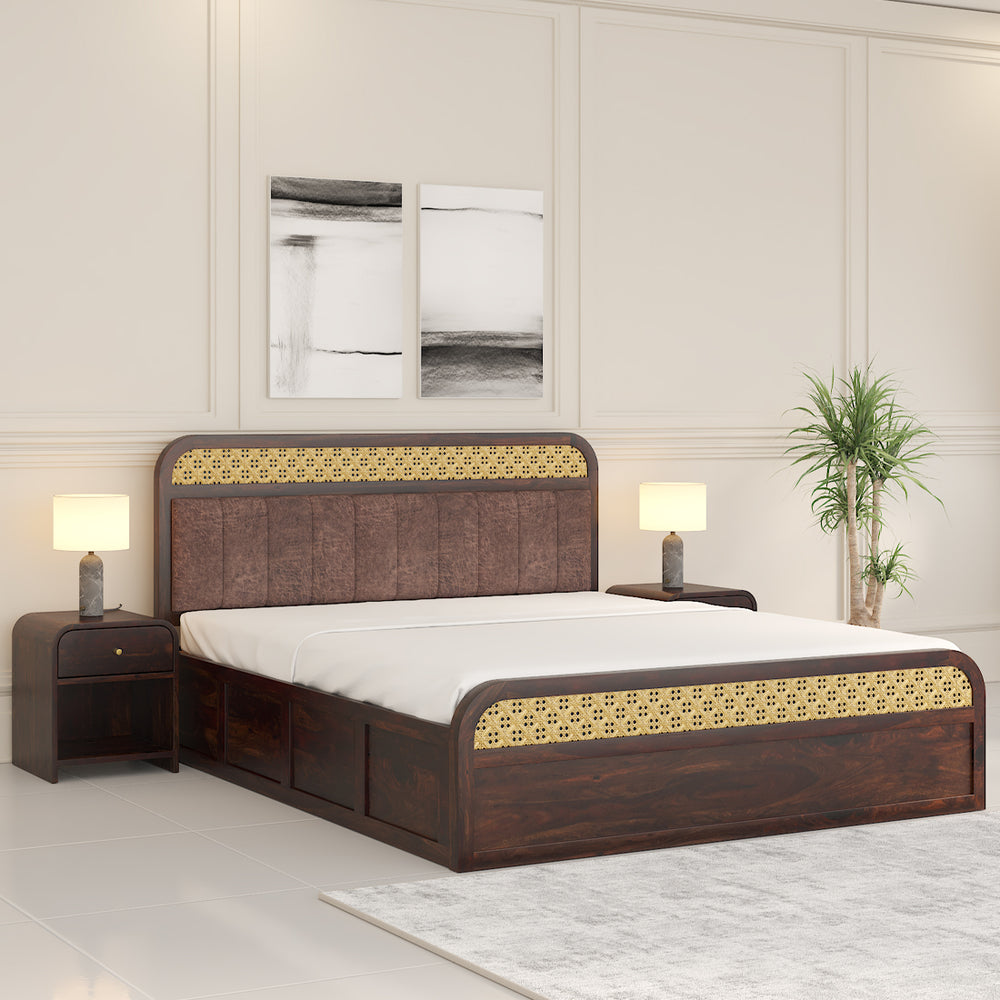 Floral Solid Wood Queen Size Hydrulic Storage Bed In Walnut Finish (Brown) (60 - 78 inch)