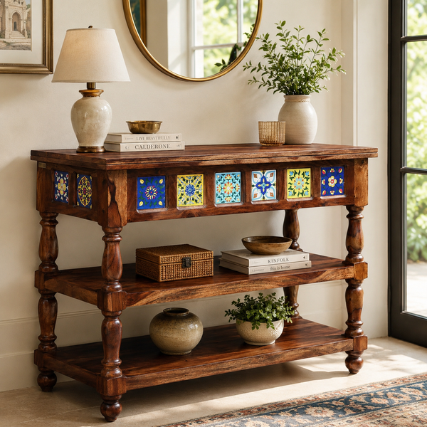 Rangrez Sheesham Wood Console Table In Provincial Teak Finish
