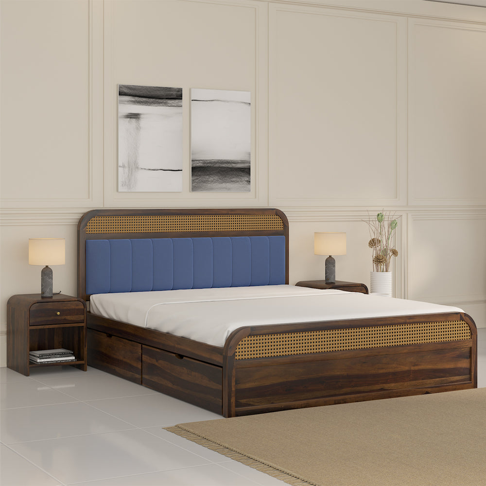Yashvi Solid Wood Queen Size Side drawer Storage Bed In Provincial Teak Finish ( Blue) (60 - 78 inch)