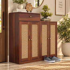 Danta Sheesham Wood  4 Door 1 Drawer Cabinet In Provincial Teak Finish  with Rattan Door