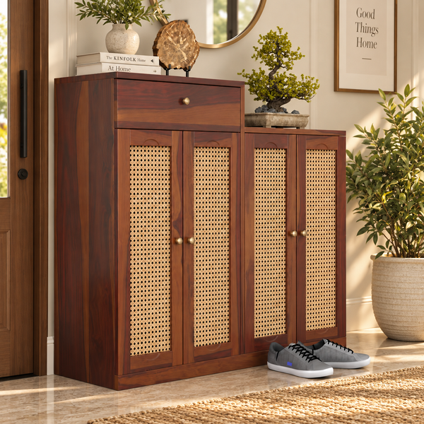 Danta Sheesham Wood  4 Door 1 Drawer Cabinet In Provincial Teak Finish  with Rattan Door