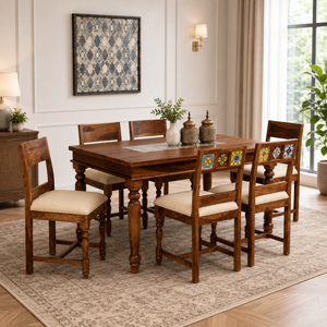 Rangrez Sheesham Wood 6 Seater Dining Set In Provincial Teak Finish With Cushioned Chair