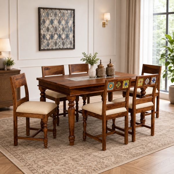 Rangrez Sheesham Wood 6 Seater Dining Set In Provincial Teak Finish With Cushioned Chair
