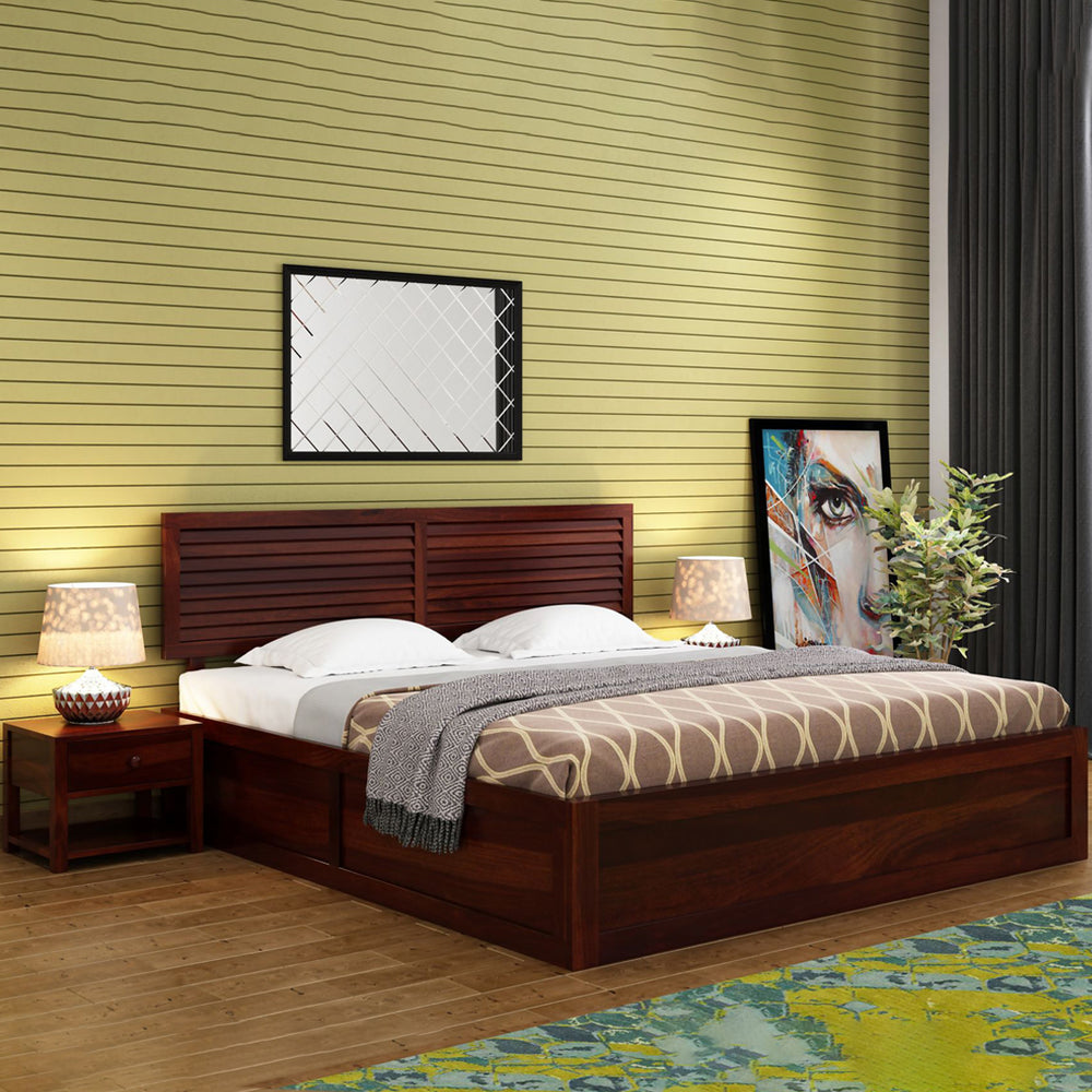 Hearti Sheesham Wood Queen Size Bed In Walnut FinishWith Box & Drawer Storage (60 x 78 inches)