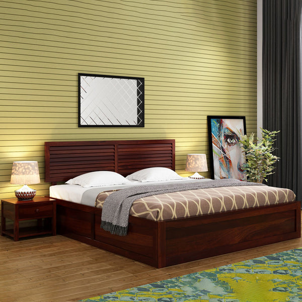 Hearti Sheesham Wood Queen Size Bed In Walnut FinishWith Box & Drawer Storage (60 x 78 inches)