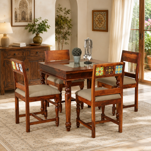 Rangrez Sheesham Wood 4 Seater Dining Set In Honey Oak Finish With Cushioned Chair