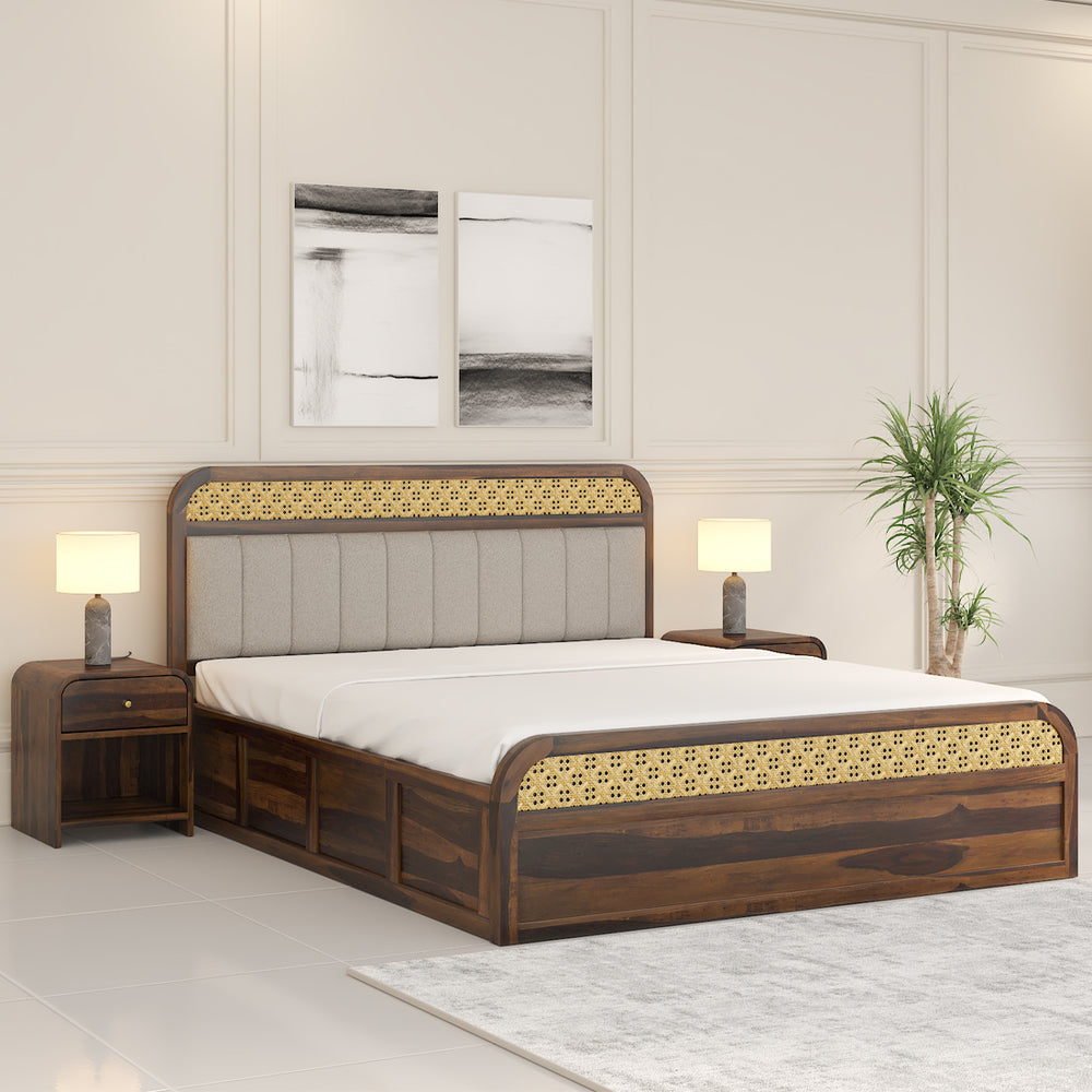 Floral Solid Wood Queen Size Hydrulic Storage Bed In Provincial Teak Finish (Beige) (60 - 78 inch)