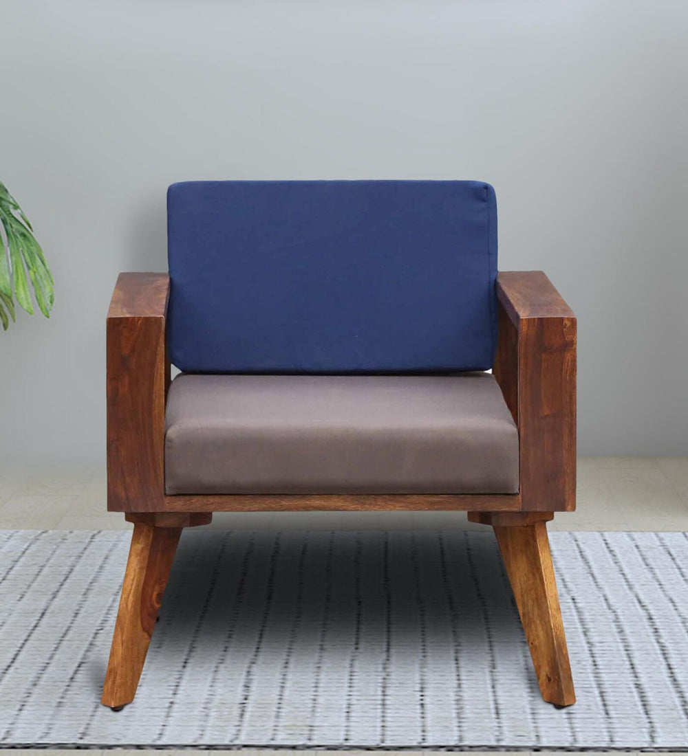 LIfty Sheesham Wood 1 Seater Sofa In Provincial Teak Finish & Blue Back