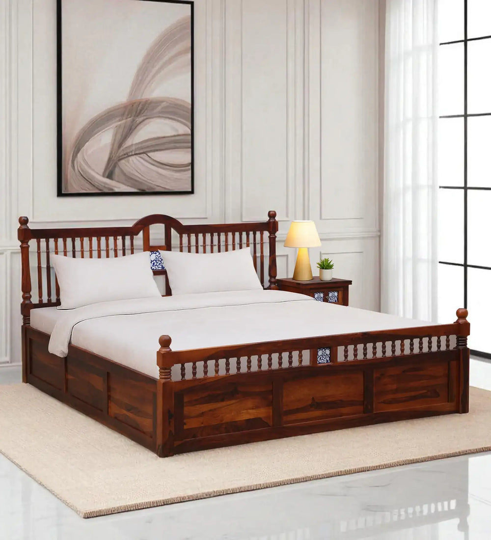 Nilaya Sheesham Wood King Size Bed In Honey Oak Finish With Box Storage (72 - 78 inch Mattress Size)