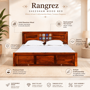 Rangrez Sheesham Wood Queen Size Bed In Honey Oak Finish With Box Storage (60 - 78 inch Mattress Size)