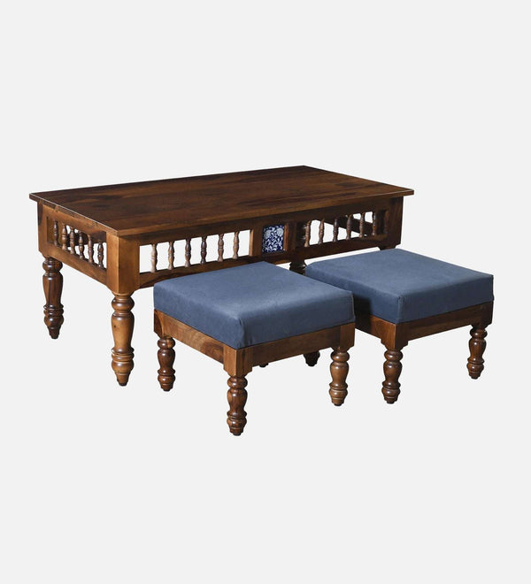 Nilaya Sheesham Wood Nesting Coffee Table Set in Provincial Teak Finish With Cushioned Stools