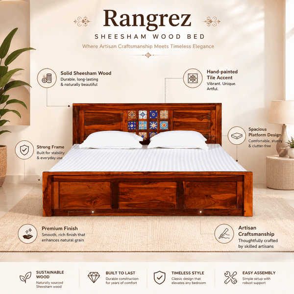 Rangrez Sheesham Wood King Size Bed In Honey Oak Finish With Box Storage (72 - 78 inch Mattress Size)