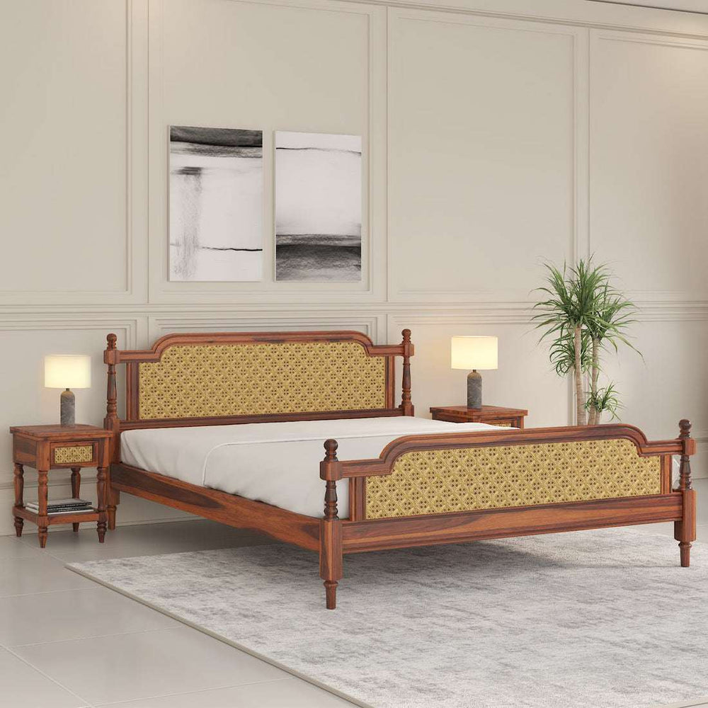 Malacca Solid Wood Queen Size Non - Storage Bed In Honey Oak Finish (72 - 78 inch)