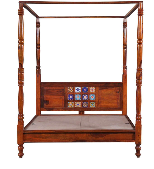Rangrez Sheesham Wood Queen Size Poster Bed in Honey Oak Finish (60 - 78 inch Mattress Size)