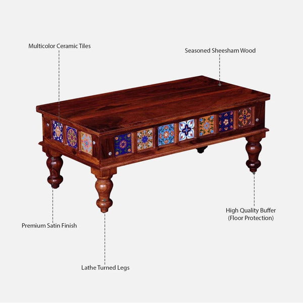 Rangrez Sheesham Wood Large Coffee Table In Honey Oak Finish