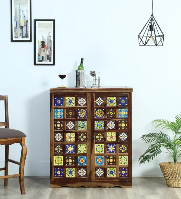 Rangrez Sheesham Wood Bar Cabinet In Provincial Teak Finish