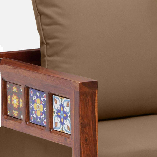 Rangrez Sheesham Wood 1 Seater Sofa In Honey Oak Finish with Beige Cushioned Chair