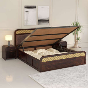 Floral Solid Wood Queen Size Hydrulic Storage Bed In Walnut Finish (Brown) (60 - 78 inch)