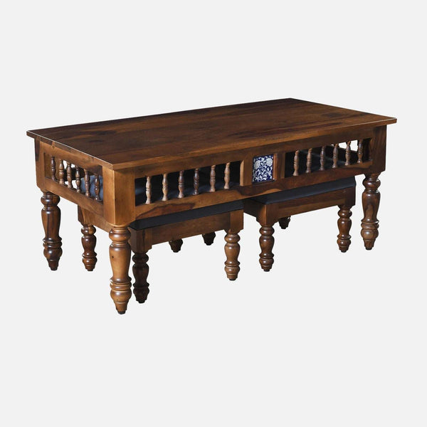 Nilaya Sheesham Wood Nesting Coffee Table Set in Provincial Teak Finish With Cushioned Stools