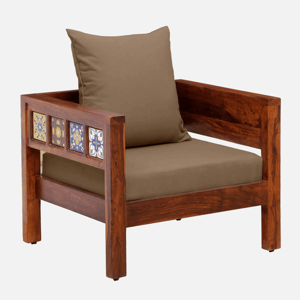 Rangrez Sheesham Wood 1 Seater Sofa In Honey Oak Finish with Beige Cushioned Chair