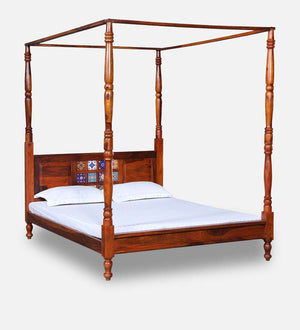 Rangrez Sheesham Wood Queen Size Poster Bed in Honey Oak Finish (60 - 78 inch Mattress Size)