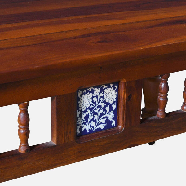 Nilaya Sheesham Wood Nesting Coffee Table Set in Honey Oak Finish With Cushioned Stools