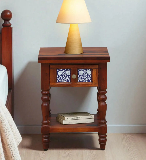 Nilaya Sheesham Wood Bedside Table In Honey Oak Finish With Drawer