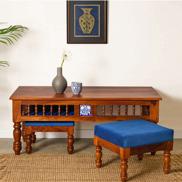 Nilaya Sheesham Wood Nesting Coffee Table Set in Honey Oak Finish With Cushioned Stools