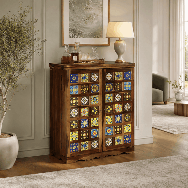 Rangrez Sheesham Wood Bar Cabinet In Provincial Teak Finish