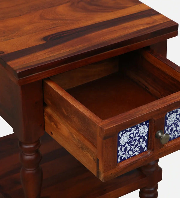Nilaya Sheesham Wood Bedside Table In Honey Oak Finish With Drawer