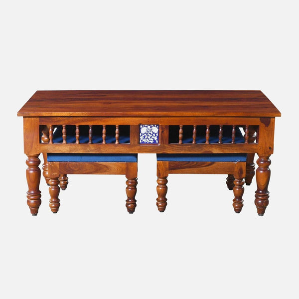 Nilaya Sheesham Wood Nesting Coffee Table Set in Honey Oak Finish With Cushioned Stools