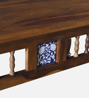 Nilaya Sheesham Wood Nesting Coffee Table Set in Provincial Teak Finish With Cushioned Stools